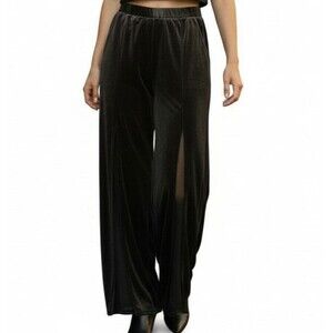XSCAPE Joanna Chen Velvet Flare Pants Size 4 Black Chiffon Mesh Insets USA